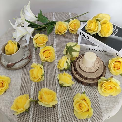 Artificial Satin Rose Flower Heads,42 Pcs Silk Rose Heads with Stems,3.5'' Rose Artificial Flowers Bulk,Artificial Rose Flower Heads for DIY Crafts Bouquet (42, Yellow) - color: Yellow
