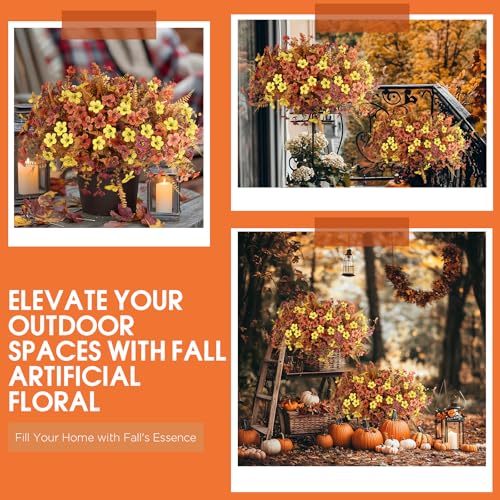 Artificial Fall Flowers for Outdoors,36 Bundles Faux Flowers Outside Fall Plants Realistic UV Resistant for Outdoor Planters Look Real Fake Flowers for Thanksgiving Porch Decor Window box planters - color: Sunset Red ＆brown＆yellow（with Fall Ferns）, size: