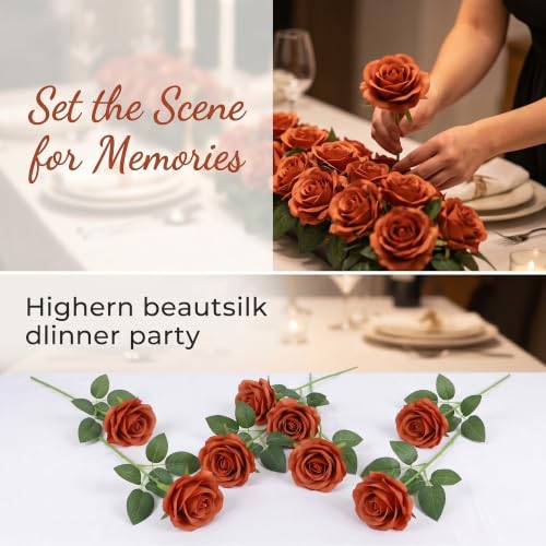 52pcs Burnt Orange Roses Artificial Flowers Fake Flowers Silk Roses with Stems for DIY Wedding Bouquets Home Bridal Shower Centerpieces Arrangements Party Decorations - color: Burnt Orange