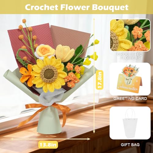 Crochet Flowers Bouquet, Luxurious Handmade Knitted Sunflower Bouquet, Artificial Flower Bouquet for Her, Wife,Lover,Girlfriend,Mother, Anniversary,Graduation,Birthday (with Gift Bag&Card) - color: Yellow, size: X-Large