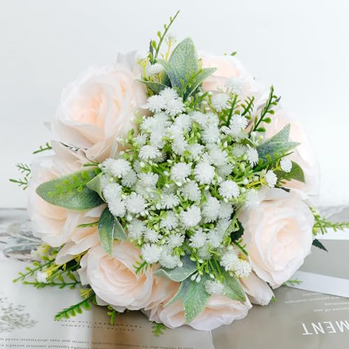 Faylapa Wedding Bouquets for Bride Bridesmaid, 7.87 Inch Champagne Artificial Roses Flowers for Wedding Valentine's Day Church Home Decoration - color: Champagne, size: 7.87 inch rose bouquet