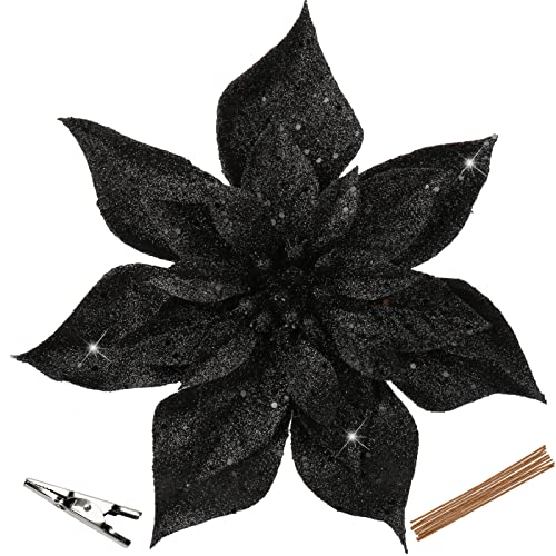 Briful 9'' Poinsettia Christmas Flowers 8PCS Black Glitter Floral Picks Large Xmas Ornament Flowers for Home Xmas Tree Wreath Garland Indoor Outdoor Decoration - color: Black
