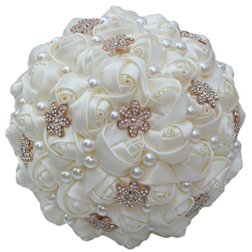 S_SSOY Wedding Bouquet Bride Bridal Brooch Bouquets Bridesmaid Ivory Cream Gold Bouquet Diamond Pearl Ribbon Valentine's Day Confession Party Church with Free Corsage Flower, 21x26cm - size: 21x26cm