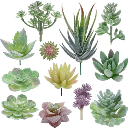 Artificial Succulent Plants with No Pot, 12 Pc Small Fake Plants Faux Succulents Unpotted for Lotus Landscape Decorative Garden Arrangement Decor DIY,Green Yellow Purple