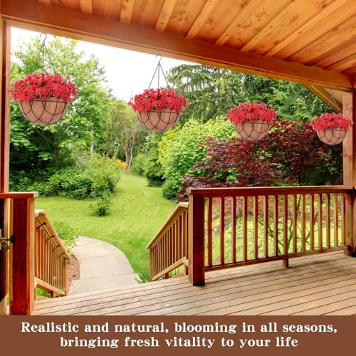 Beeveer 2 Pack Artificial Hanging Flower Basket for Outdoor Decoration Faux Orchid Hanging Plants with Coconut Lining Basket Fake Arrangement for Porch Courtyard Decor(Red, 2 Pack) - color: Red