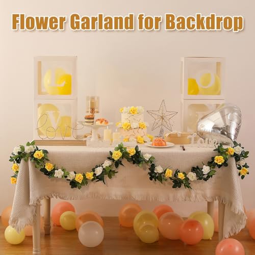 JUSTOYOU Artificial Rose Vines Yellow Flowers Garland Hanging Silk Rose Vine for Wedding Home Office Arch Arrangement Decoration 7.6FT(2PCS) - color: Yellow-b