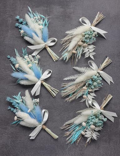 Mini Dried Flower Bouquet Set (6 pcs), Small Blue Bouquet, Boho Wedding Dinner Plate Decoration, Groom's and Best Man's Boutonnieres, Bridesmaid Flower Girl Proposal Gift Box, Card Decoration - color: Blue