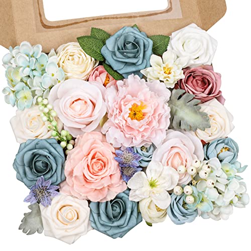 AmyHomie Blue Pink Artificial Flowers Combo Silk Mix Peony Rose Hydrangea Daisy Fake Flowers w/Stem for DIY Wedding Bouquets Centerpieces Arrangements Table Decor Party Bridal Baby Shower Home Decor - color: Blue Pink
