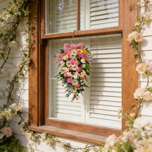 Idyllic 22 Inch Spring Floral Weeping Door Swag with Pink Bow for Front Door Porch Welcome and Home Entryway Decoration - size: 23 Inch
