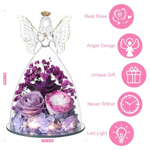 Mothers Day Rose Gifts for Women Preserved Real Flower in Glass Angel Figurines Roses for Delivery Prime Birthday Gifts for Mom Grandma Girlfriend Wife Her, Colorful Purple - color: Colorful Purple