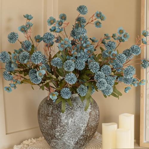 HyeFlora Fake Kiku Flowers, Faux Silk Pompon Mums Artificial Flowers, Chrysanthemum Stems Floral Arrangement Dried Flowers Vintage Decorative Indoor Home Decor Blue with Wax (Vase not Included) - color: 8pcs-blue Wax&kiku
