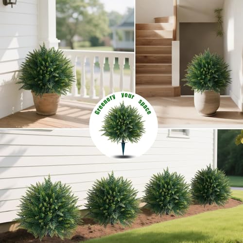 Yangrass 2PCS Artificial Cedar Topiary Ball Trees 26.5" for Outdoors with Ground Spike, UV Resistant Artificial Cypress Trees, Evergreen Shrubs Bushes Faux Plants for Front Porch Garden Backyard - color: Large Size Cedar