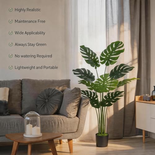 Artificial Bird of Paradise Plant Fake Tropical Palm Tree for Indoor Outdoor, Perfect Faux Plants for Home Garden Office Store Decoration (Monstera 120) | Artificial 120cm Swiss cheese plant for Home Garden Office Store Decoration UV protected maintenance