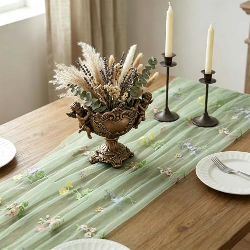 Sage Green Floral Table Runner 10ft Embroidery Tulle Spring Wildflower Table Runner Seasonal Summer Butterfly Kitchen Dining Gauze Decoration for Baby Shower Wedding Party Birthday (1 Pcs) - color: Green