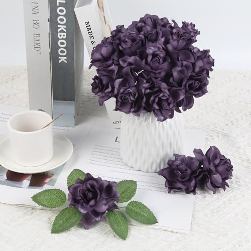 IPOPU 25PCS Gardenia Flowers Artificial 3.15’’ Foam Fake Rose Heads Deep Purple Faux Gardenia Flowers with Stems for Wedding Bouquet Bridal Shower Party Home Floral Arrangements(Deep Purple) - color: Deep Purple