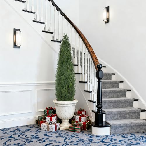 Artificial Cedar Trees for Outdoor 4 FT, 2 Set Outdoor Faux Cedar Bushes Topiary UV Protection and Lush Fake Cypress Shrubs for Front Door Porch Patio Garden Balcony Fence Outside Decoration - color: Deep Green, size: 4 FT