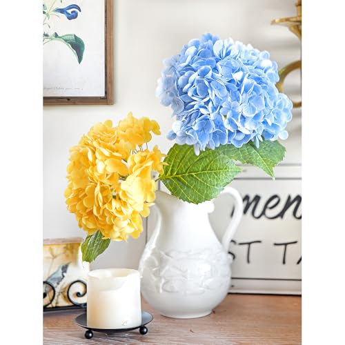 FiveSeasonStuff Real Touch Silk Hydrangea Flowers, 2 Large Long Stem Artificial Flowers for Floral Arrangements (Mixed Heavenly Blue & Sunbeam Yellow) - color: Mixed Heavenly Blue + Sunbeam Yellow