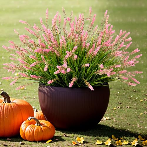 Artificial Faux Plants Outdoor Spring Decorations, Summer Fake Monkey Grass for Outside Porch, No Fade Outdoor Realistic Greenery Plant, UV Resistant Artificial Shrubs for Courtyard Window Garden - color: Magenta, size: 12 Pcs