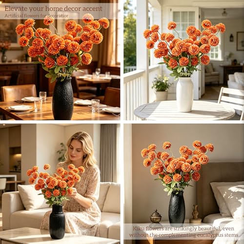 8pcs Orange Fake Flowers Silk Pompon Mum Artificial Flowers,Mini Artificial Chrysanthemums with Stems,Faux Flowers For Vase,for Wedding Centerpieces, flower arrangements, vase fillers, and home decor - color: Orange