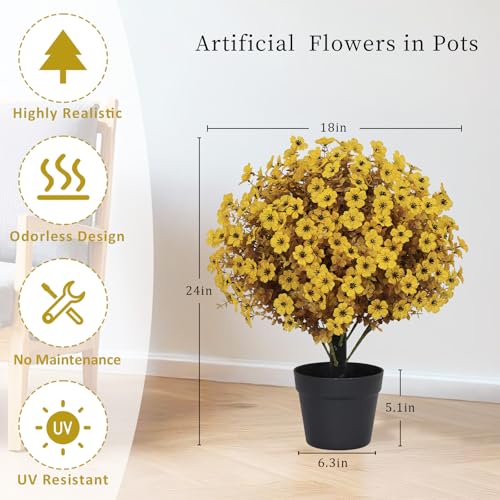 24" Artificial Fall Potted Plants Outdoor Set of 2, UV Resistant Faux Yellow Daisy Mums Flowers with Eucalyptus, Decorative Plants in Pots for Front Porch, Patio & Entryway - color: Fall Yellow, size: 24in Daisy Eucalyptus