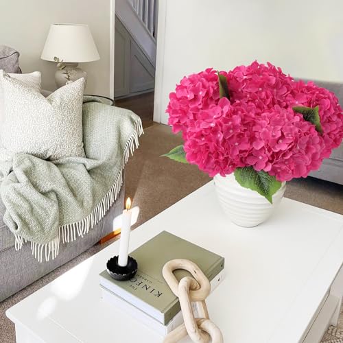 JINWOE Silk Hydrangea Artificial Flowers, 5Pcs 20Inch Large Lifelike Faux Flowers, Full Fake Artificial Hydrangeas with Stems for Bouquet Table Centerpieces Home (Fuchsia) - color: Fuchsia
