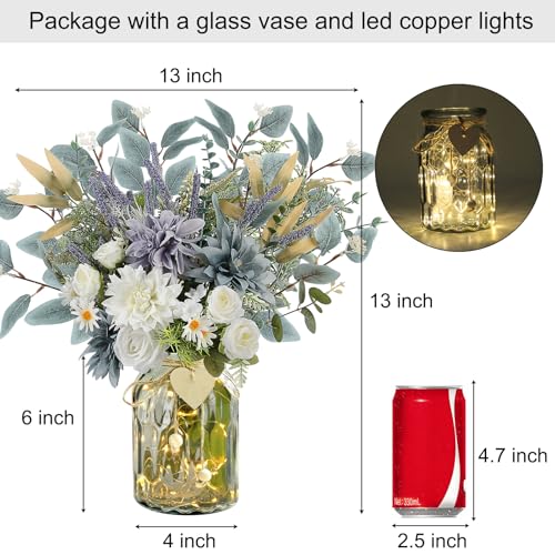 Fake Flowers with Vase, Silk Dusty Blue Rose Hydrangea Lavender Artificial Cemetery Flowers in Vase Faux Dahlia Flowers Arrangement for Table Centerpiece Summer Spring Gravesites Grave Home Decor - color: Dusty Blue White
