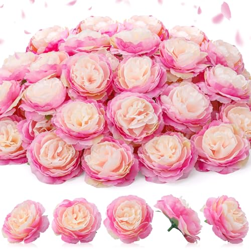 Thiccywoov 50 Pcs Artificial Flowers, 3.2 Inches Silk Rose Head Flowers Fake No Stem for Wedding Bridal Bouquet Home Floral Decor DIY Centerpieces Arrangements Party Tables Decoration(Pink Champagne) - color: Pink Champagne