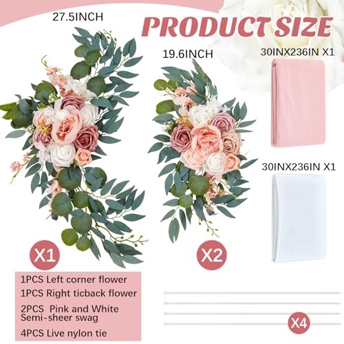 Thiccywoov 4 Pcs Wedding Arch Flowers and Drape Kit Include 2 Artificial Floral Swag and 2 Chiffon Drapes, Faux Flower Set for DIY Wedding Party Reception Ceremony Backdrop Rose Decoration (Pink) - color: Pink