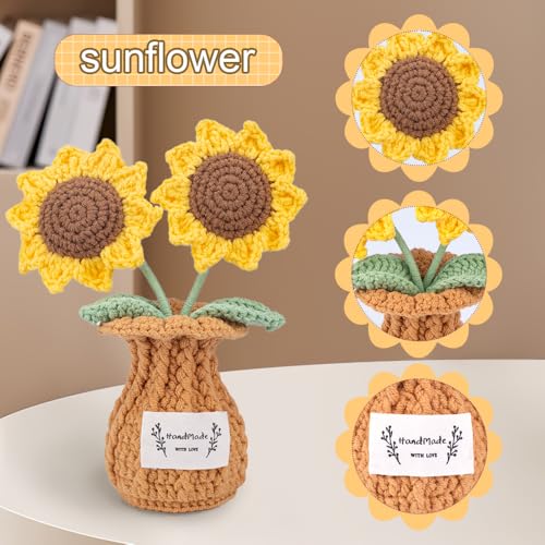 Sunflower Crochet Flower Plant, Small Cute Handmade Knitted Flowers with Vase, Small Crochet Potted Artificial Flower Plants for Desk Home Car Dashboard Office Decorations (Sunflower) - color: Sunflower
