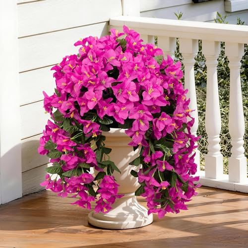 Artificial Bougainvillea Hanging Flowers Plants - 2 PCS faux Bougainvillea artificial flowers with Long Trailing Vines for Outdoor Decoration, Perfect for Porch, Garden, Urn Patio Balcony (Red Lotus) - color: Red Lotus
