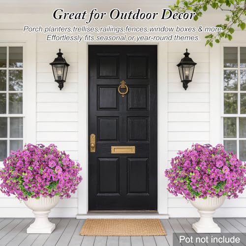 Artificial Flowers for Outdoors Decoration for UV Resistant Silk,16 Bundles | Artificial Violet Flowers for Outdoor Decor, Realistic Fake Plants for Porch,Garden,Window Box,All Purple - color: Purple
