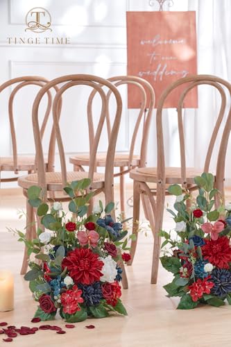 TINGE TIME Free-Standing Artificial Flower, Set of 2, Table Centerpiece with Rubber Pad, Silk Fake Flower for Wedding Centerpiece Archway Aisle Welcome Entrance (Red&NavyBlue) - color: Red&navyblue