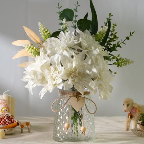 Fake Flowers with Vase Silk Flowers in Vase Dahlia Flowers Arrangement Suitable for Home Office Decoration, Dining Table Centerpiece (Dahlia-White) - color: Dahlia-white
