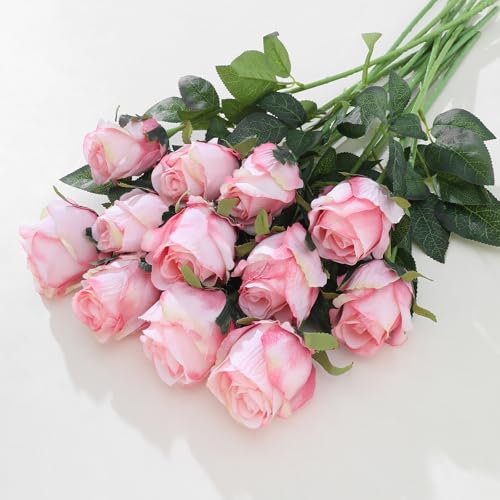 12Pcs Realistic Fake Light Pink Roses Faux Flowers with Long Stems, Artificial Silk Rose Flowers for Valentines Day Home Wedding Decor Bridal Bouquet - color: Light Pink