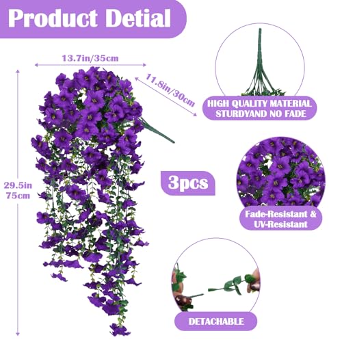 3PCS 396 Heads Morning Glory Artificial Purple Hanging Flowers for Outdoor, Fake UV Resistant Flowers Realistic Trailing Faux Plant for Porch Patio Balcony Yard Decoration - color: Purple