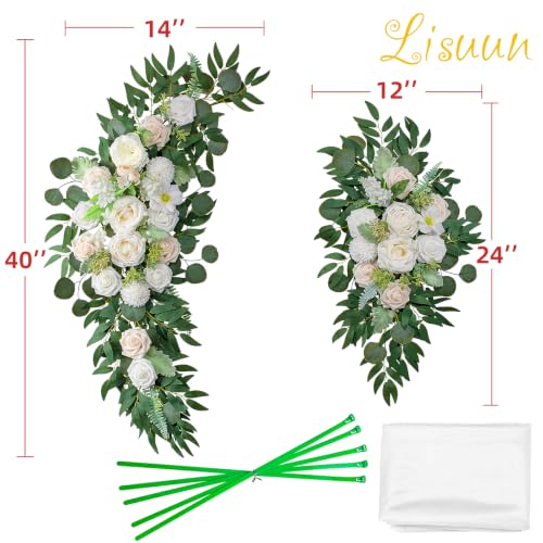 Lisuun Artificial Wedding Arch Flowers with Chiffon Runner, Pack of 3 | Includes 2 Flower Swags, 1 20ft Chiffon Runner and Zip Ties for Wedding Arches, Arbors and Backdrops - color: Pure White
