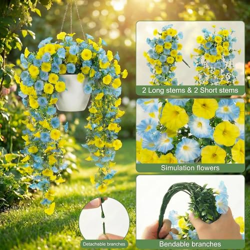 Artificial Hanging Flowers for Outdoors Spring Summer Decor, 4 Bundles UV Resistant Colorful Silk Faux Morning Glory for Outdoor Planters, Garden, Front Porch, Patio, Yard Decor(Yellow Blue Green) - color: Yellow Blue Green