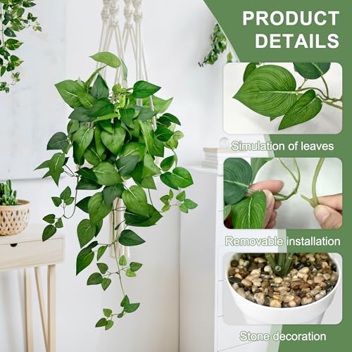 Artificial Hanging Plants with White Pots –2 Pack Fake Pothos Potted Plants Faux Ivy Vines 23.6‘’, Realistic Greenery Hanging Fakeplants Indoor for Home Decor, Bedroom, Bathroom, Office, Living Room - size: 23.6''