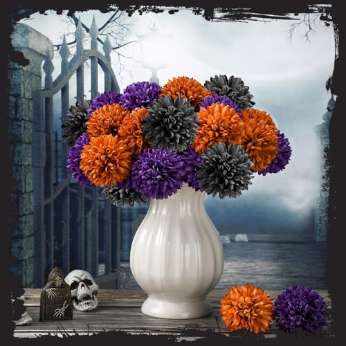 XunYee 24 Pcs Halloween Artificial Flowers Halloween Chrysanthemums Ball Flowers Black Orange Purple Fake Hydrangea for Halloween Party Home Table Centerpieces vase Decor