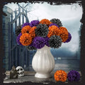 XunYee 24 Pcs Halloween Artificial Flowers Halloween Chrysanthemums Ball Flowers Black Orange Purple Fake Hydrangea for Halloween Party Home Table Centerpieces vase Decor