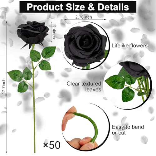 Ouddy Decor 50 Pcs Fake Roses Artificial Flowers Bulk Real Touch Velvet Silk Flowers with Long Stems for Wedding Bridal Bouquet DIY Table Centerpiece Mothers Day Valentines Gifts Home Decor, Black - color: Black, size: 50 Packs
