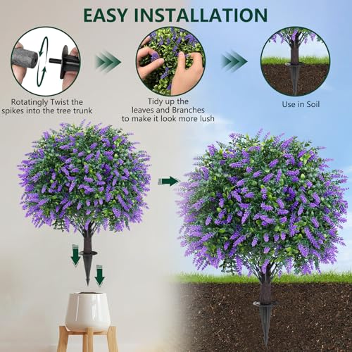 2 Pack 25" Artificial Lavender Topiary Ball Tree for Outdoors Faux Evergreen Shrubs Plants with Ground Spike UV Resistant Fake Bushes Ball Trees for Outdoor Indoor Home Porch Patio Decoration - color: Purple Lavender