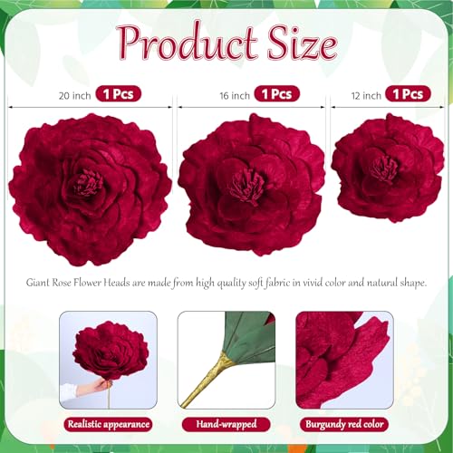 Norme 3 Pcs Artificial Giant Flowers for Decoration 12, 16, 20 Inch Wedding Large Rose Petals Giant Flowers Large Burgundy Red Rose for Home Decor, Anniversary Birthday Valentine's Day - color: Rose, style: Burgundy