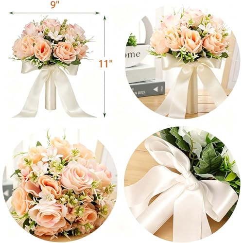 CYANLUX Wedding Bouquets for Bride Bridesmaid Bouquet Champagne White Artificial Roses Flowers for Wedding Valentine's Day Church Home Decoration (Champagne)… - color: Champagne