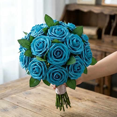 30pcs Real Looking Lake Blue Foam Artificial Roses with Stems, Fake Rose Flowers for DIY Wedding Bouquets Bridal Shower Centerpieces Home Party Valentine's Day Mother's Day Decor Gift - color: 30pcs Lake Blue