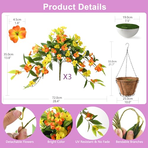 Hommyea Artificial Fake Hanging Flowers Plants Basket for Outdoors Outside Decoration UV Resistant Faux Silk Flowers Look Real Plastic Flowers for Spring Planters Home Porch Patio Garden Decor - color: 3psc Orange Yellow