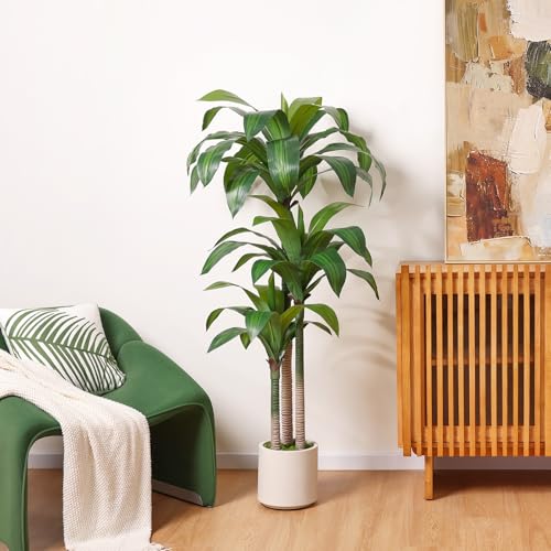 Artificial Dracaena Tree 5ft, Tall Fake Dracaena Plants with White Planter, Faux Dragon Tree Indoor Floor Plant for Home Decor Office Living Room Porch Housewarming, 1Pcs - size: 5ft