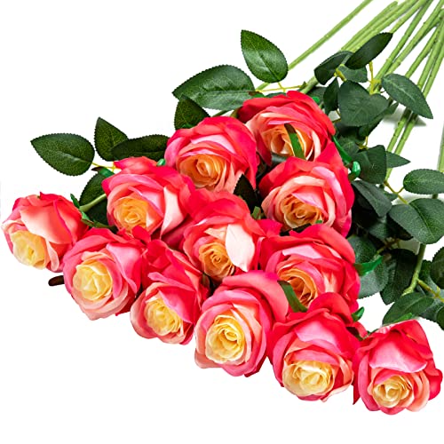 Hawesome 12PCS Artificial Silk Flowers Realistic Roses Bouquet Long Stem for Home Wedding Decoration Party (Gradient Dark Pink, 12Pcs Flowers) - color: Gradient Dark Pink, size: 12Pcs Flowers