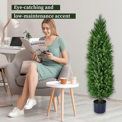 Artificial Cedar Topiary Trees, Set of 2 Lifelike Faux Pruned Cypress with Heavy-Duty Planters – UV-Resistant Outdoor Artificial Shrubs for Indoor/Outdoor Decor (40 Inches) - size: 40in
