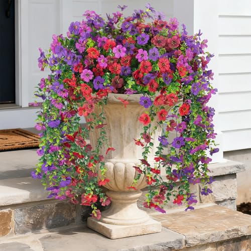 Hrobek 4 PCS Artificial Hanging Plants Flowers for Outdoor Srpring Summer Decoration, Fake Realistic Daisy Eucalyptus for Outdoors, Faux Plastic Greenery Long Vine Indoor Wall Patio Porch Decor - color: A-purple Red Brown